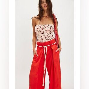 NWOT Free People Scottie Printed Cropped Shirred Mesh Beige Tube Top Smocked XS